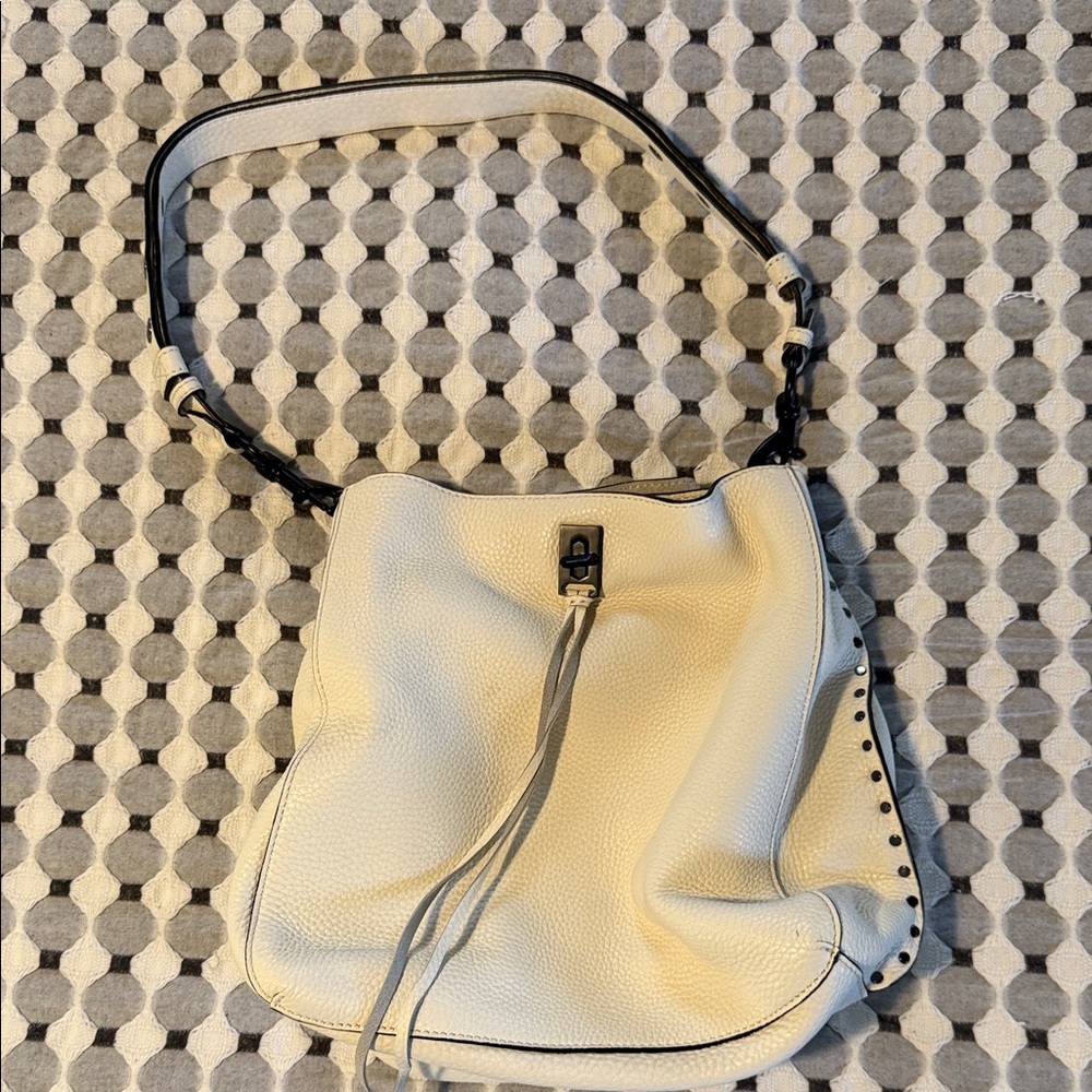 Rebecca Minkoff Cream Pebbled Leather Shoulder Bag with Stud Accents